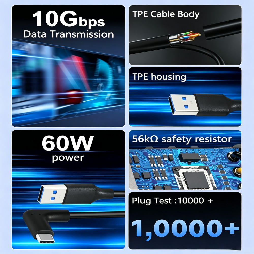 90 Degree Right Angle USB C Cable 10Gbps 