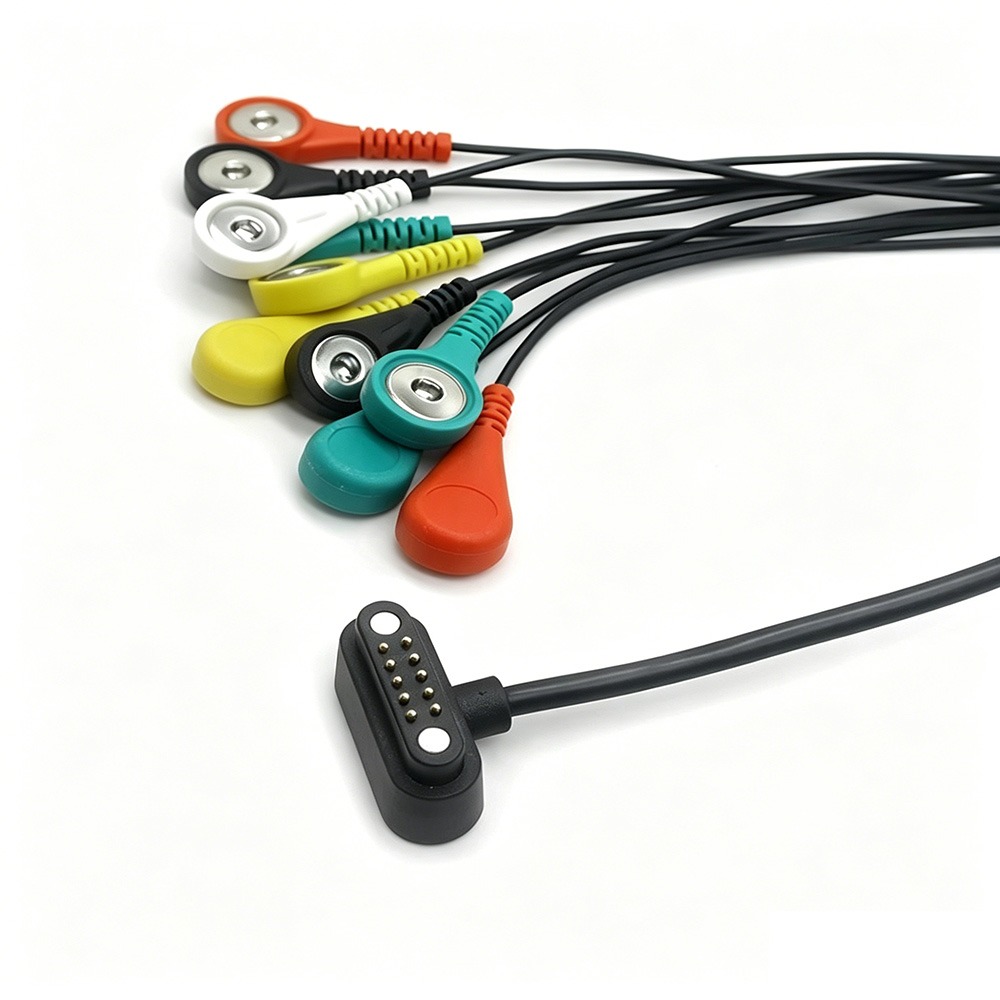 ECG EKG 10 Pin Magnet Spring Loaded Pogo Pin To 4.0mm Patient Electrode Cores Tens Lead Wire 