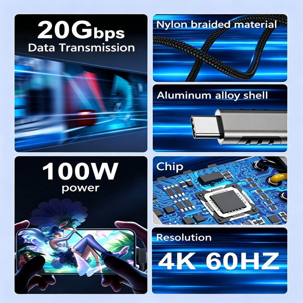 20Gbps Right Angle USB 3.2 Gen2 Type-C Cable 4K 