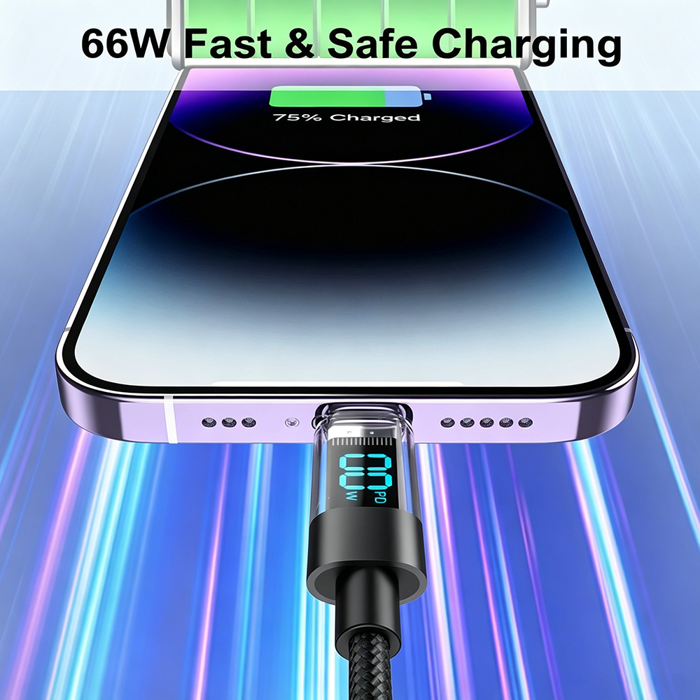 66W USB-A to USB-C Data Cable with LED Display 