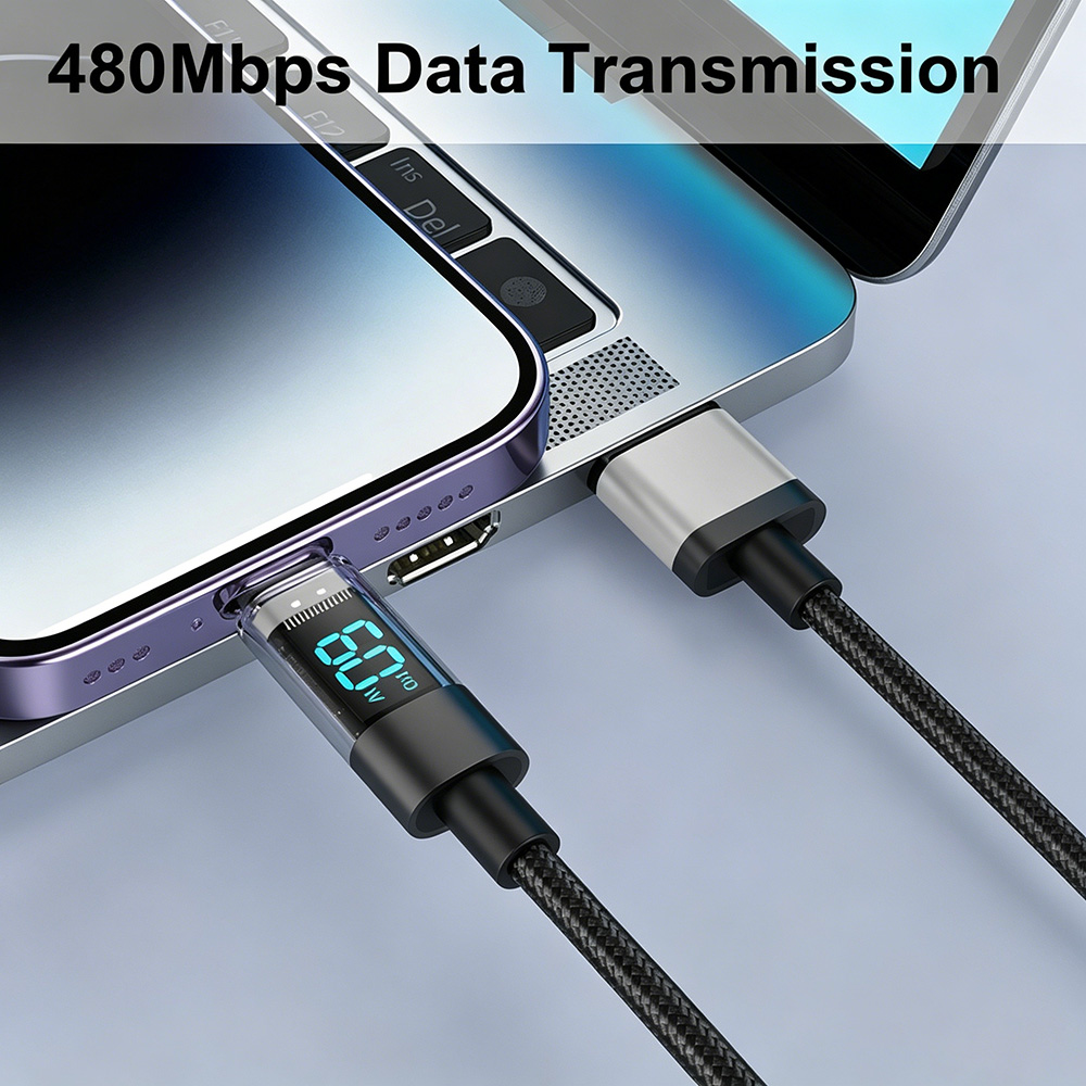 66W USB-A to USB-C Data Cable with LED Display 